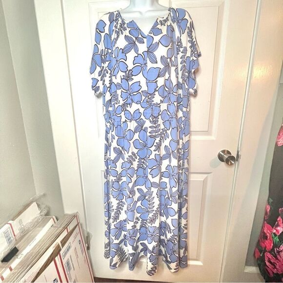 Nicole Miller New York Tropical Floral Midi Dress Pockets Blue White Plus 1X NWT - Picture 6 of 10
